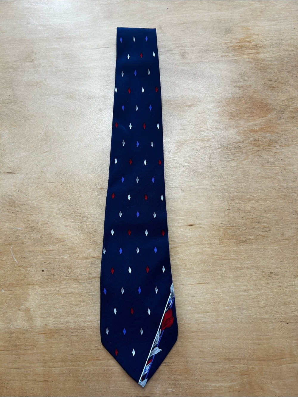 VTG LEONARD Paris Navy Blue Silk Geometric Diamond Orchid Motif Necktie Italy